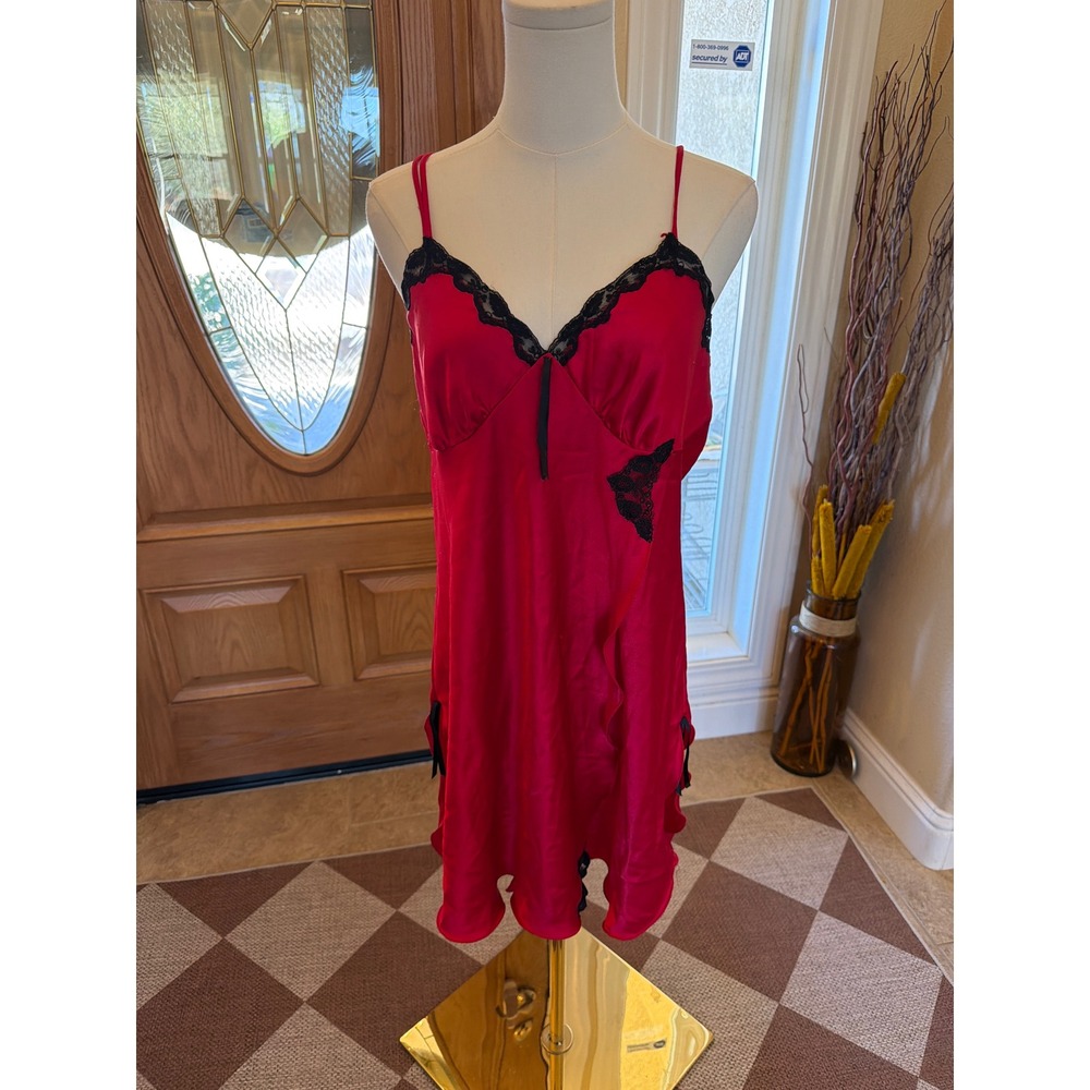 Private Luxuries Vintage Red Satin Lace Trim Chemise Nightgown Large